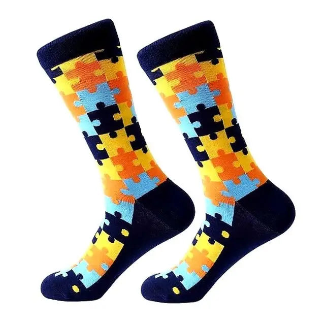 Puzzle Pieces Colorful Pattern Socks - Adult Large