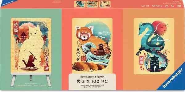 Cat Warrior, Red Panda & Dragon Mini Puzzle Set 3x 100pc