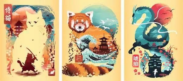 Cat Warrior, Red Panda & Dragon Mini Puzzle Set 3x 100pc